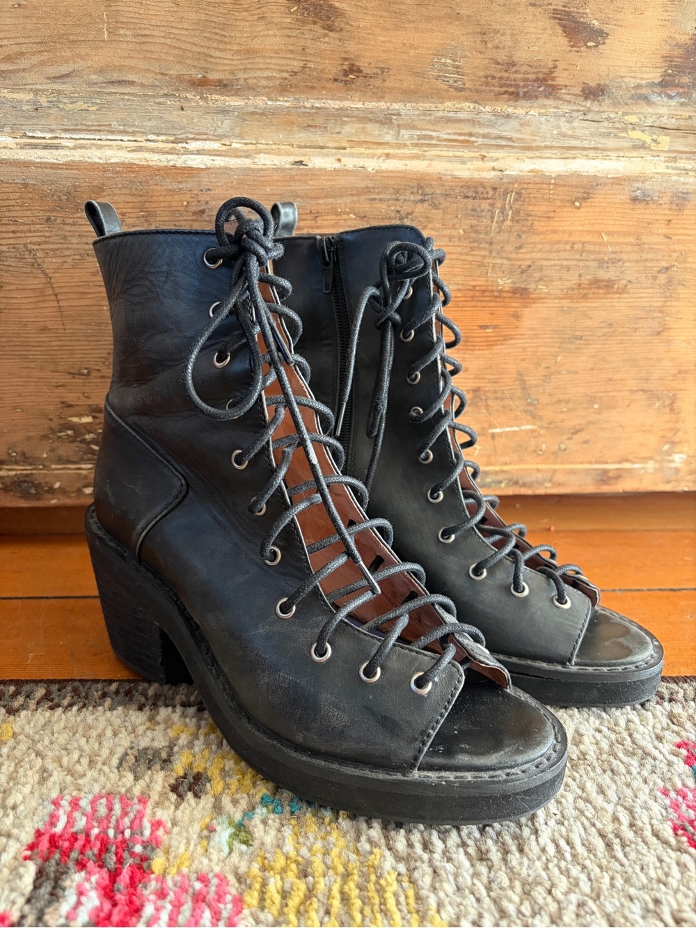 Jeffery Campbell Meriwidow black leather corset open toe logger booties size 7